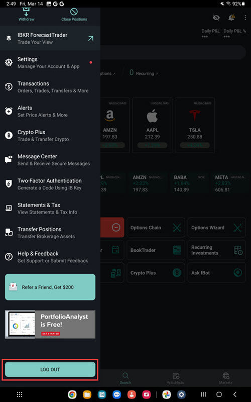 The log out button on the Android Tablet